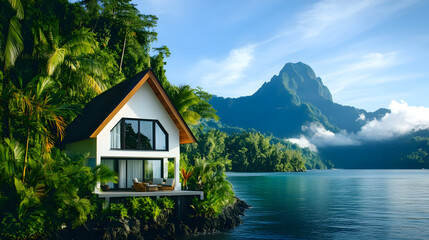 Fototapeta premium Authentic Hut Build on an Ocean Shore with Jungle in Background. Shot on RED Epic 4K UHD Camera