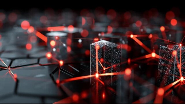Cybersecurity consultant. Risk assessment. Network defense. Data protection. Access control. Abstract digital network with glowing red elements and geometric shapes.