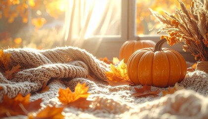 Bright Autumn Pumpkins Outdoors With Falling Leaves and Sunlight