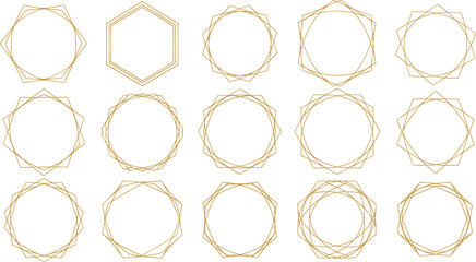 Gold Geometric Frames Set, Luxury Polygonal Borders, Art Deco, Wedding Invitation, Abstract Vector, Metallic Design Element, Modern Decoration, G 