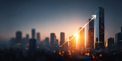 Fototapeta premium City skyline at sunset with upward growth arrow symbolizing business success and development