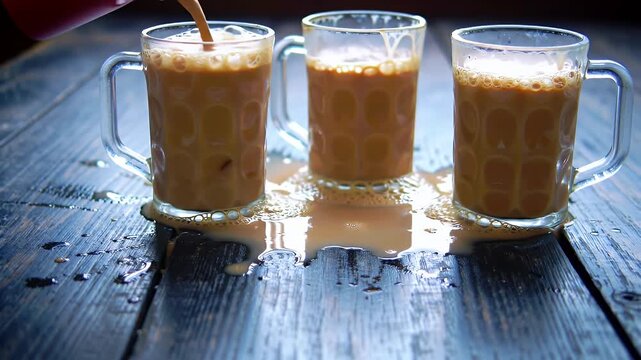 Three Milk Tea Filled Mugs On Dark Wooden Surface With Spilled Liquid