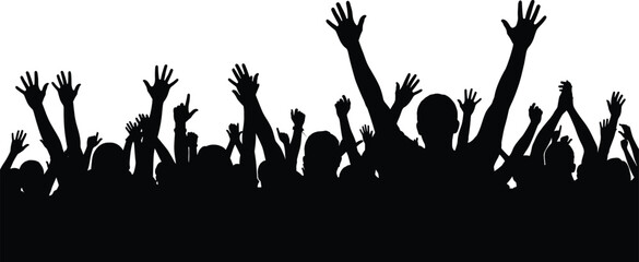 Silhouette of large crowd with raised hands, cheering audience at music festival or party celebration, vector illustration.