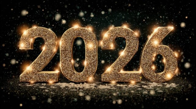glittering gold 2026 numbers with glowing holiday lights and soft snowfall on dark background creating luxurious new year celebration banner design 2026 - Powered by Adobe