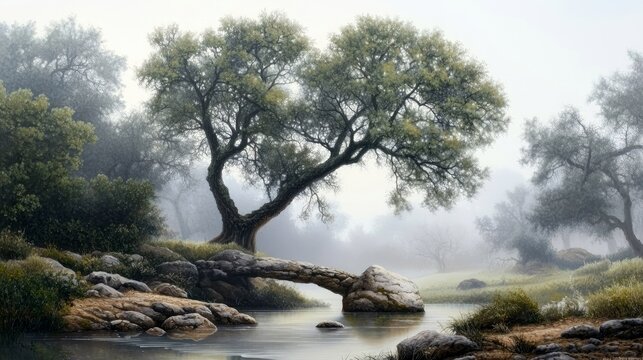 A serene natural landscape featuring a large, ancient tree with gnarled branches arching over a calm stream. A natural rock bridge crosses the water, connecting - Powered by Adobe