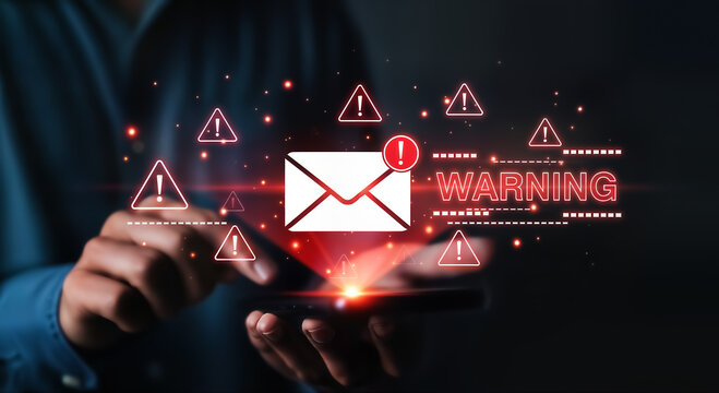 A person is holding a smartphone with a warning message icon, indicating a potential threat, like a virus, malware, or phishing attack, to raise awareness and caution