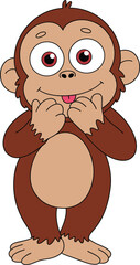 Cheerful monkey cartoon character standing upright, playful animal illustration with tongue out expression, children’s design, flat vector