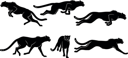 Cheetah running and walking silhouettes in motion sequence, dynamic stride phases, black animal forms - flavector