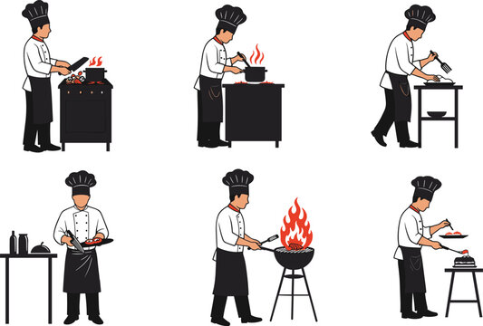 Chef cooking food, grilling, plating dishes, culinary art, kitchen work, gastronomy skills flat vector illustration
