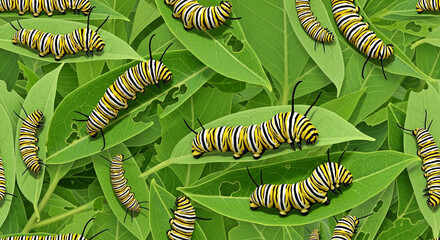 Monarch butterfly caterpillars feeding on bright green milkweed leaves