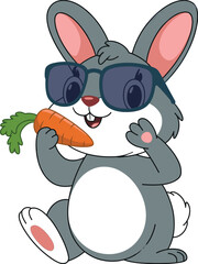 Cool gray rabbit cartoon eating carrot, wearing sunglasses, cheerful bunny character illustration, playful animal design, flat vector
