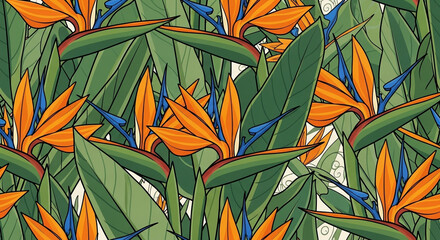 Seamless pattern of vibrant bird of paradise flower and leaf