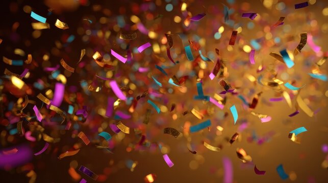 a festive and colorful party with flying neon confetti on a golden background 2026 - Powered by Adobe