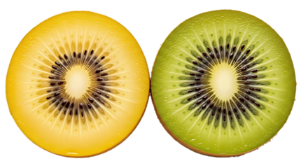 A golden and brown kiwi fruit half, fresh and juicy, isolated on a transparent background, ultra realistic detail, crisp edges, high resolution PNG.
