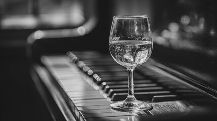 A glass of water rests beside a piano keyboard.