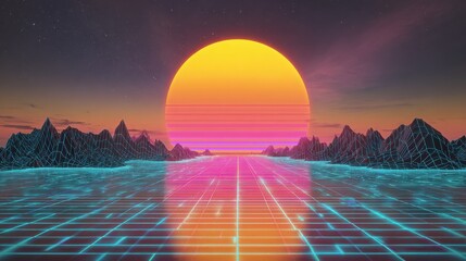 retro futuristic landscape with neon grid and sunset 2026 new year concept vaporwave style illustration2026