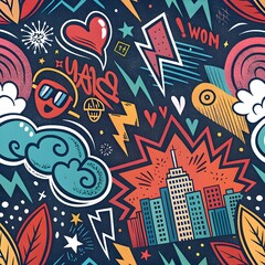 Fototapeta premium Urban Graffiti Doodle Pattern Bold Strokes Abstract Scribbles Street Art Symbols Colorful Spray Paint Texture Seamless Vibrant Modern Design 