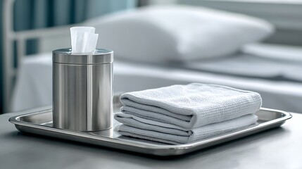 Hospital bedside table with tissues and towels in a sterile environment