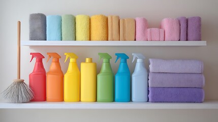 Colorful cleaning supplies and towels arranged on shelves in a storage room