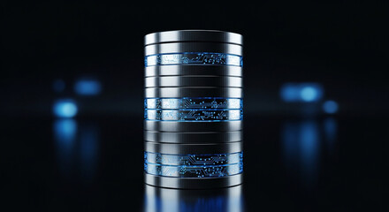 Abstract 3d rendering of a futuristic data server stack with blue light