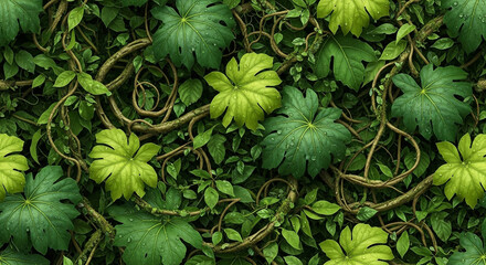 Lush green jungle foliage with vines creating a dense natural pattern