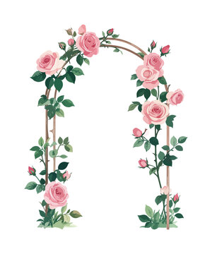 watercolor garden arch with delicate roses for invitation or greeting cards, garden design with blossom plant. vector illustration 