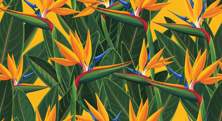 Seamless pattern of vibrant bird of paradise flower and leaf