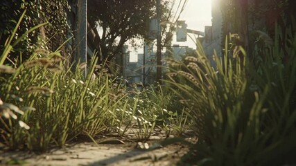 Discover an overgrown path leading to urban exploration, perfect for documentaries, vlogs, and nature-inspired content showcasing resilience and growth