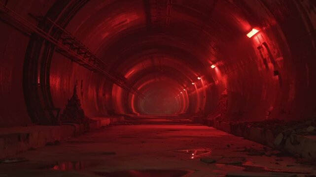 Eerie red tunnel with foreboding atmosphere, perfect for suspenseful scenes or industrial backdrops, a compelling mysterious underground adventure