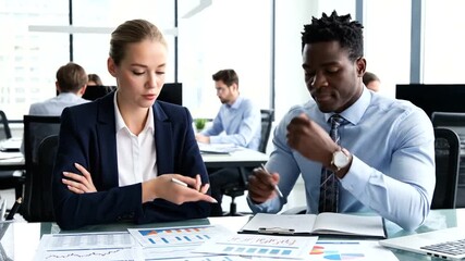 Dynamic teamwork in modern office with charts, financial reports, and collaboration on growth - Powered by Adobe