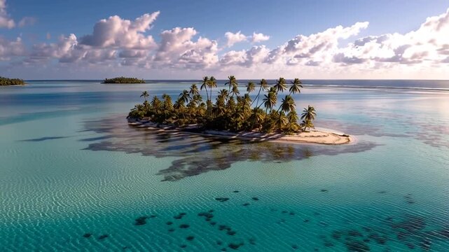 Experience paradise with this stunning tropical island aerial view, showcasing crystal clear turquoise waters and swaying palm trees for the ultimate escape