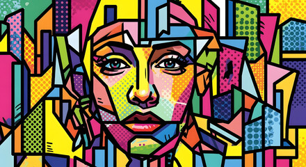 Colorful pop art portrait captures modern artistic expression, perfect for vibrant branding, creative projects, and eye-catching designs, bold and unique style