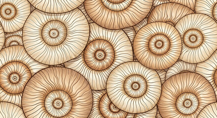 Seamless pattern of natural brown snail shell cross sections texture