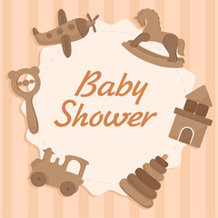 Baby shower card frame with wooden eco crafted toys for kids plane pyramid rocking horse
