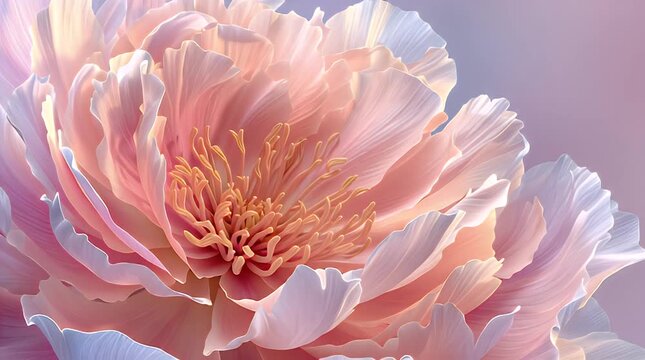 A close-up of a delicate, layered flower, showcasing soft pink and white petals that gently unfurl and reveal inner parts