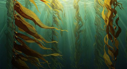 Underwater view of giant kelp forest illuminated by sun rays