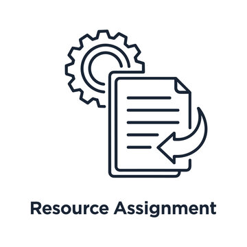 Resource assignment icon concept showing document and gear isolated on