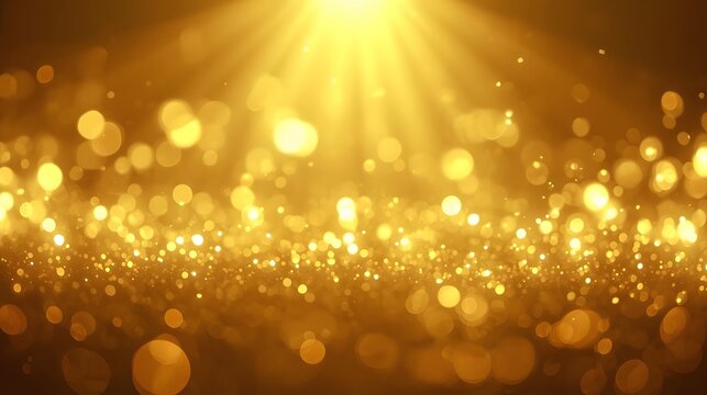 A radiant cascade of golden light, shimmering bokeh, and sparkling particles creates a dazzling glow.