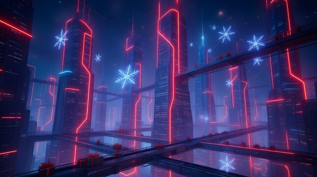 Christmas 3D Futuristic Cyberpunk City with Neon Lights and Snowflakes
- Powered by Adobe