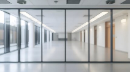 Blurred perspective of an office interior, reflected in a pristine glass wall, clean and sterile.