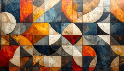 Abstract mosaic showcasing geometric shapes and textures, with squares and semi-circles in diverse colors