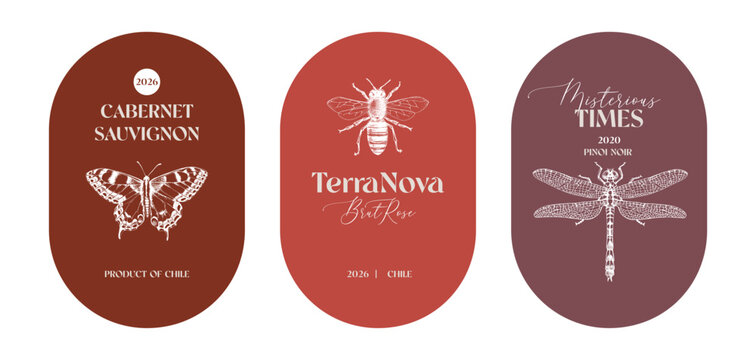 Set of wine labels with insect illustrations