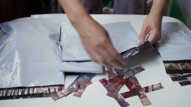 White plastic mailers are arranged on a table. Female hands are folding the adhesive flap to seal the package for shipment. Silver protective strips lie scattered on the surface.