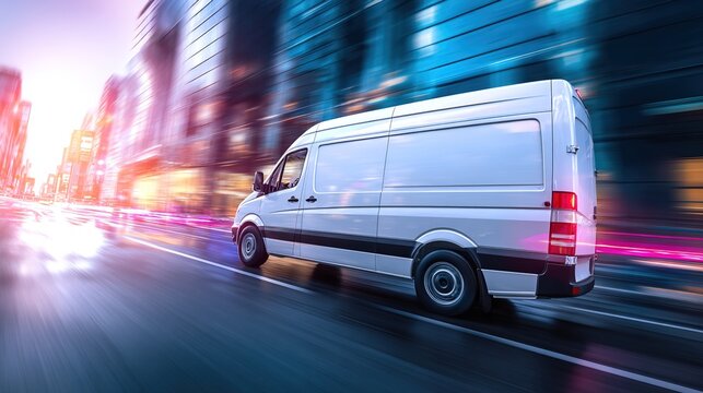 White delivery van speeding on an urban street. This type of image represents fast and reliable delivery service. City scene with motion blur and vivid colors. Commercial and transport purposes. AI