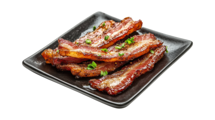 Cooked Bacon Strips on Black Plate isolated on a transparent background