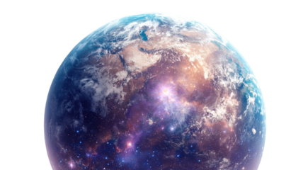 A blue sphere of the Earth globe in space with visible oceans, clouds, and continents like America and Europe in a black universe view