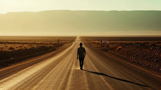 A lone man walking down a long desert road towards the horizon on a sunny day