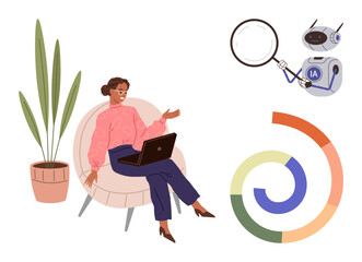 Woman seated with a laptop engaged in discussion, AI robot holding magnifying glass, colorful circular chart, and indoor plant. Ideal for technology, remote work, AI, analysis, teamwork innovation