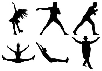 Diverse silhouettes of people dancing, exercising, and posing in dynamic action