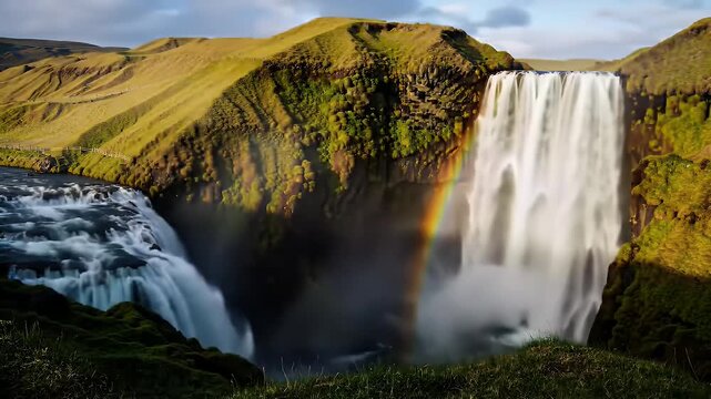Two Tiered Waterfall Displaying a Vibrant Rainbow on a Green Landscape in Iceland